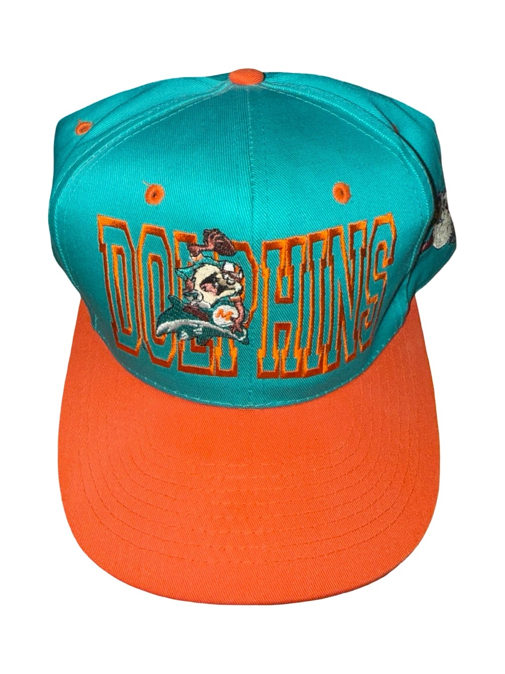 Vintage Warner Bros. Teal and Orange Miami Dolphins TAZ 1993 Snapback Cap